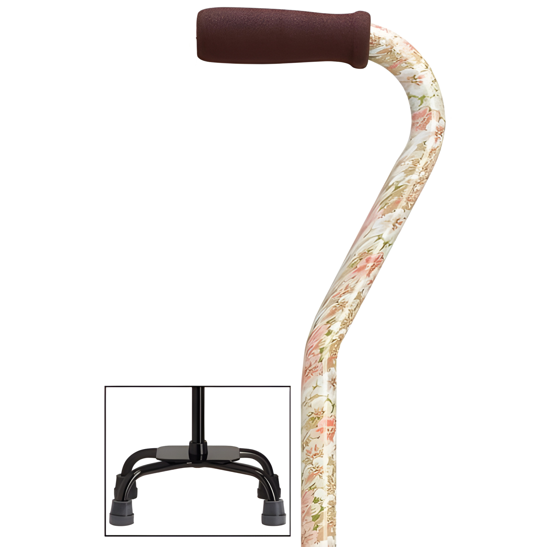 Fashion Print Offset Walking Cane with Quad Base, Adjustable & Sturdy