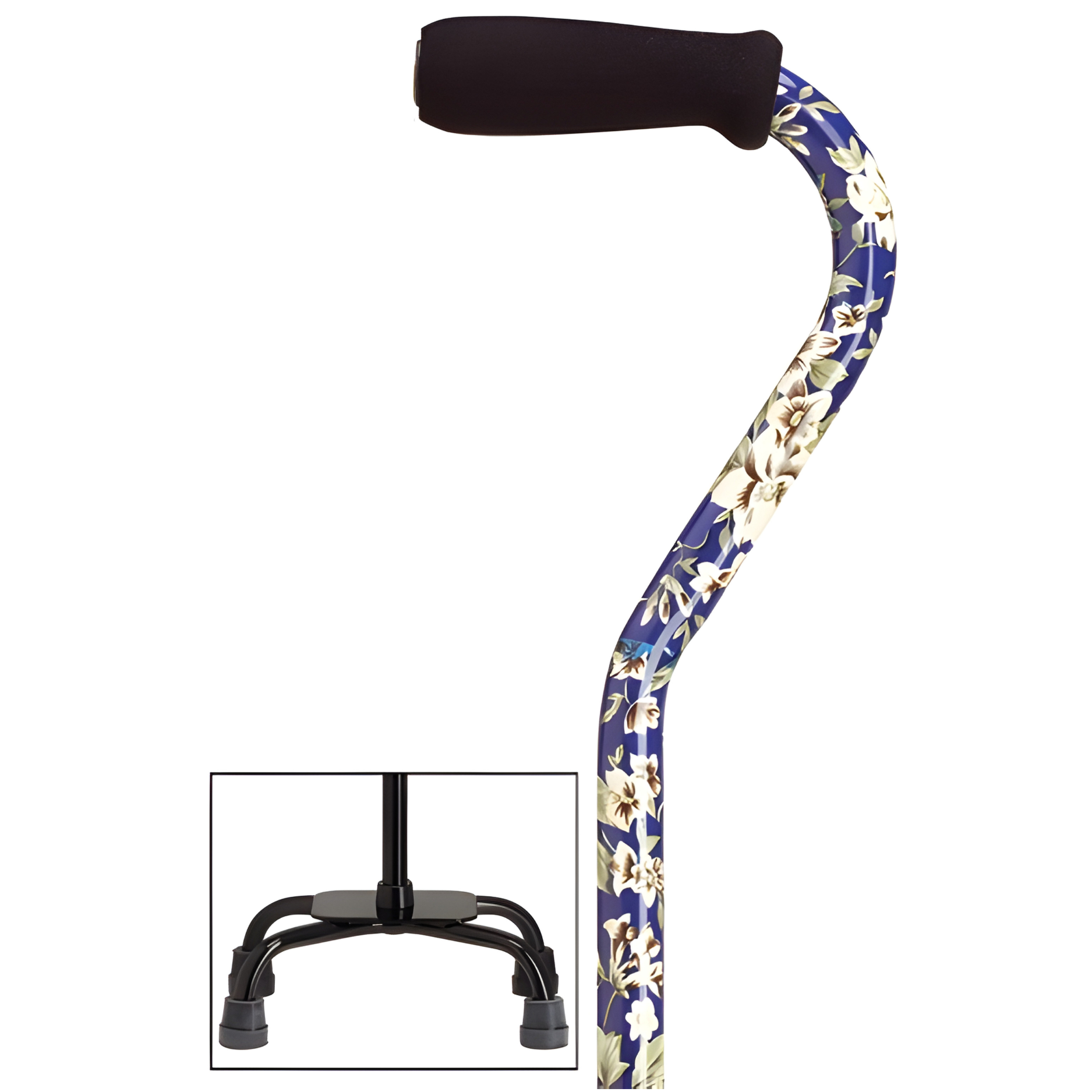 Fashion Print Offset Walking Cane with Quad Base, Adjustable & Sturdy