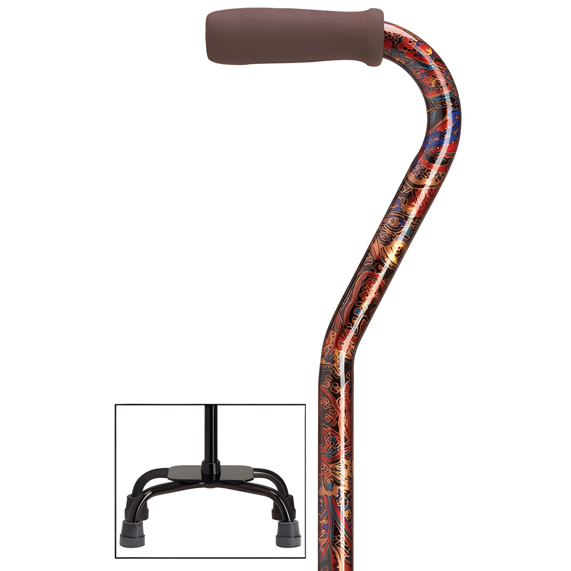 Fashion Print Offset Walking Cane with Quad Base, Adjustable & Sturdy