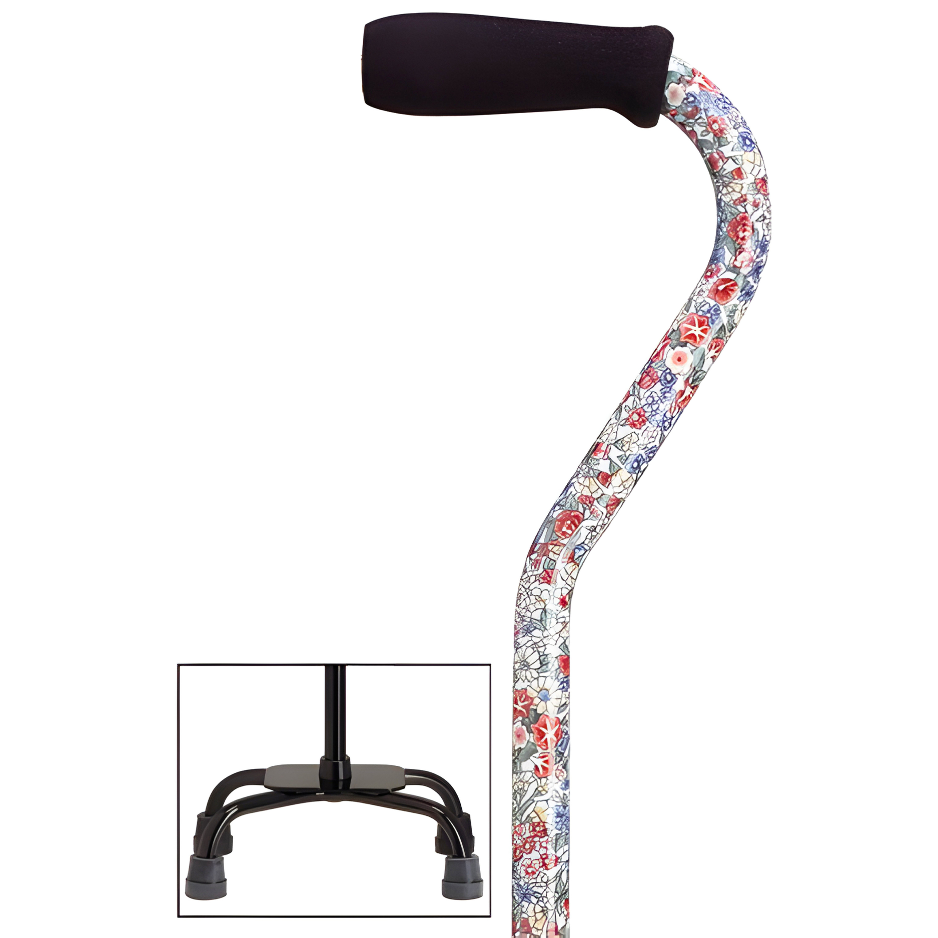 Fashion Print Offset Walking Cane with Quad Base, Adjustable & Sturdy
