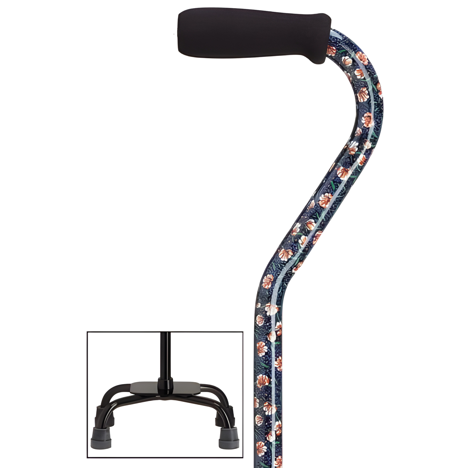 Fashion Print Offset Walking Cane with Quad Base, Adjustable & Sturdy