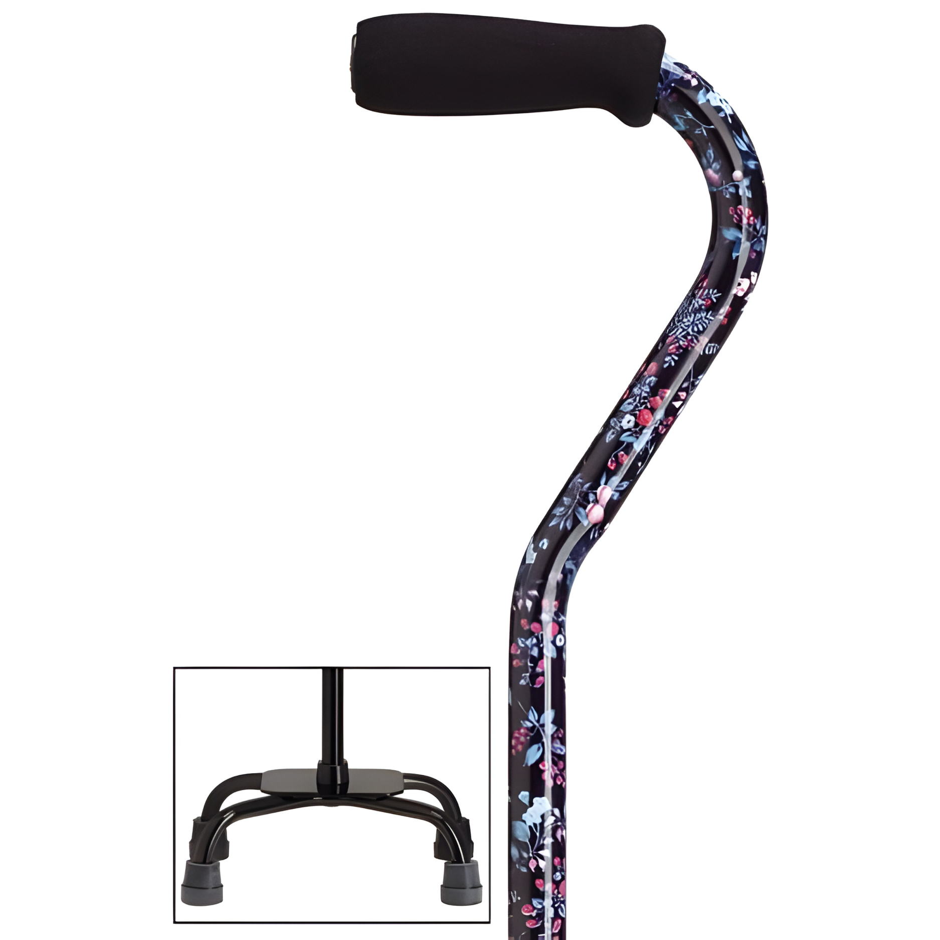 Fashion Print Offset Walking Cane with Quad Base, Adjustable & Sturdy