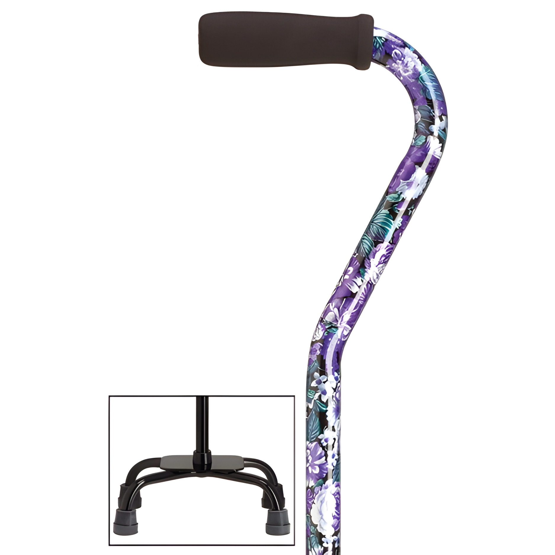 Fashion Print Offset Walking Cane with Quad Base, Adjustable & Sturdy