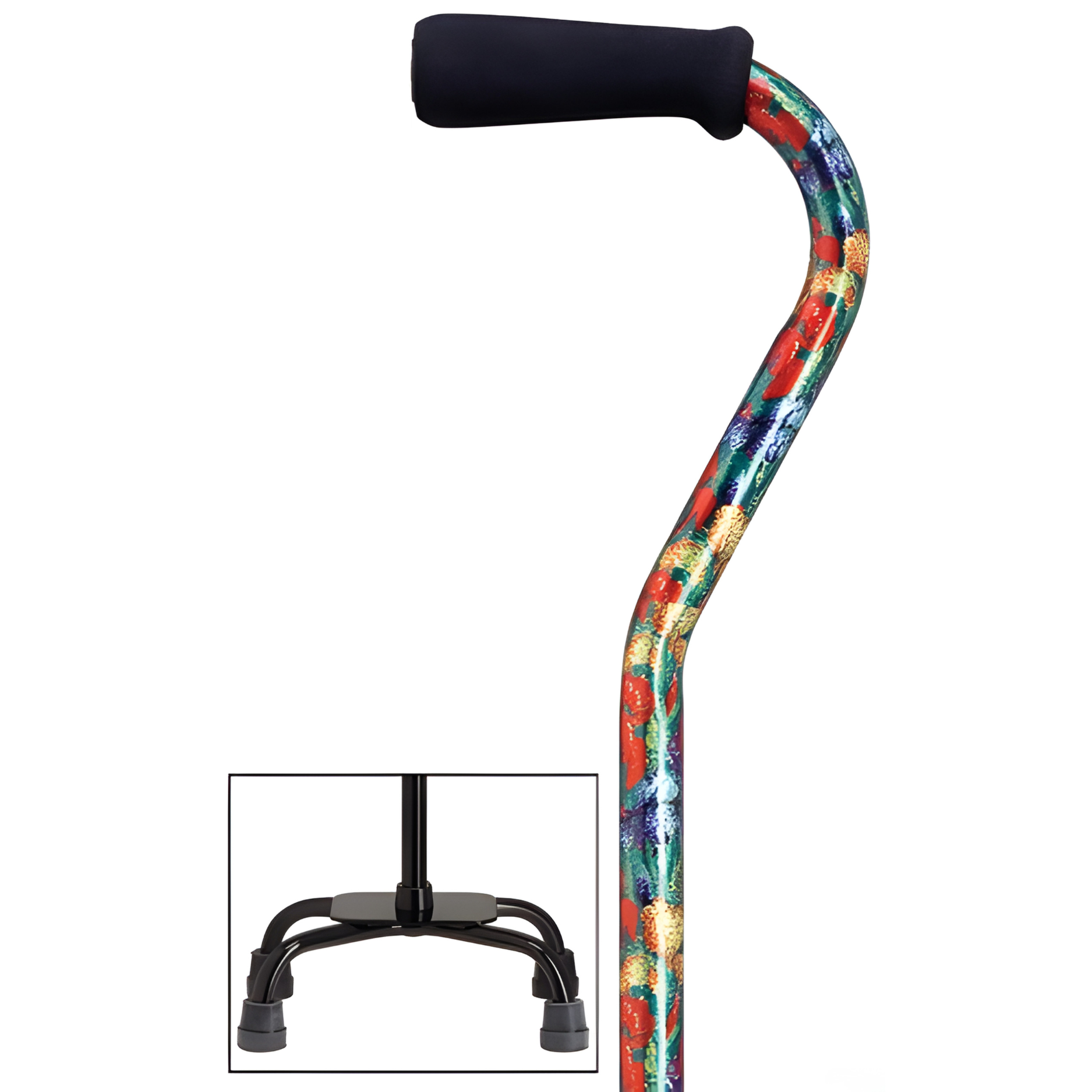 Fashion Print Offset Walking Cane with Quad Base, Adjustable & Sturdy
